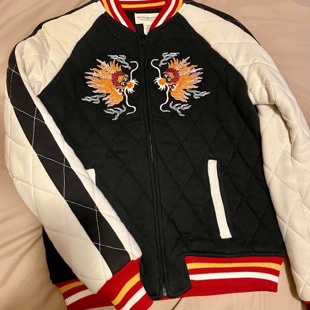 Ralph Lauren Denim Supply Black Dragon Varsity Jacket w/ Red and Yellow Stripes